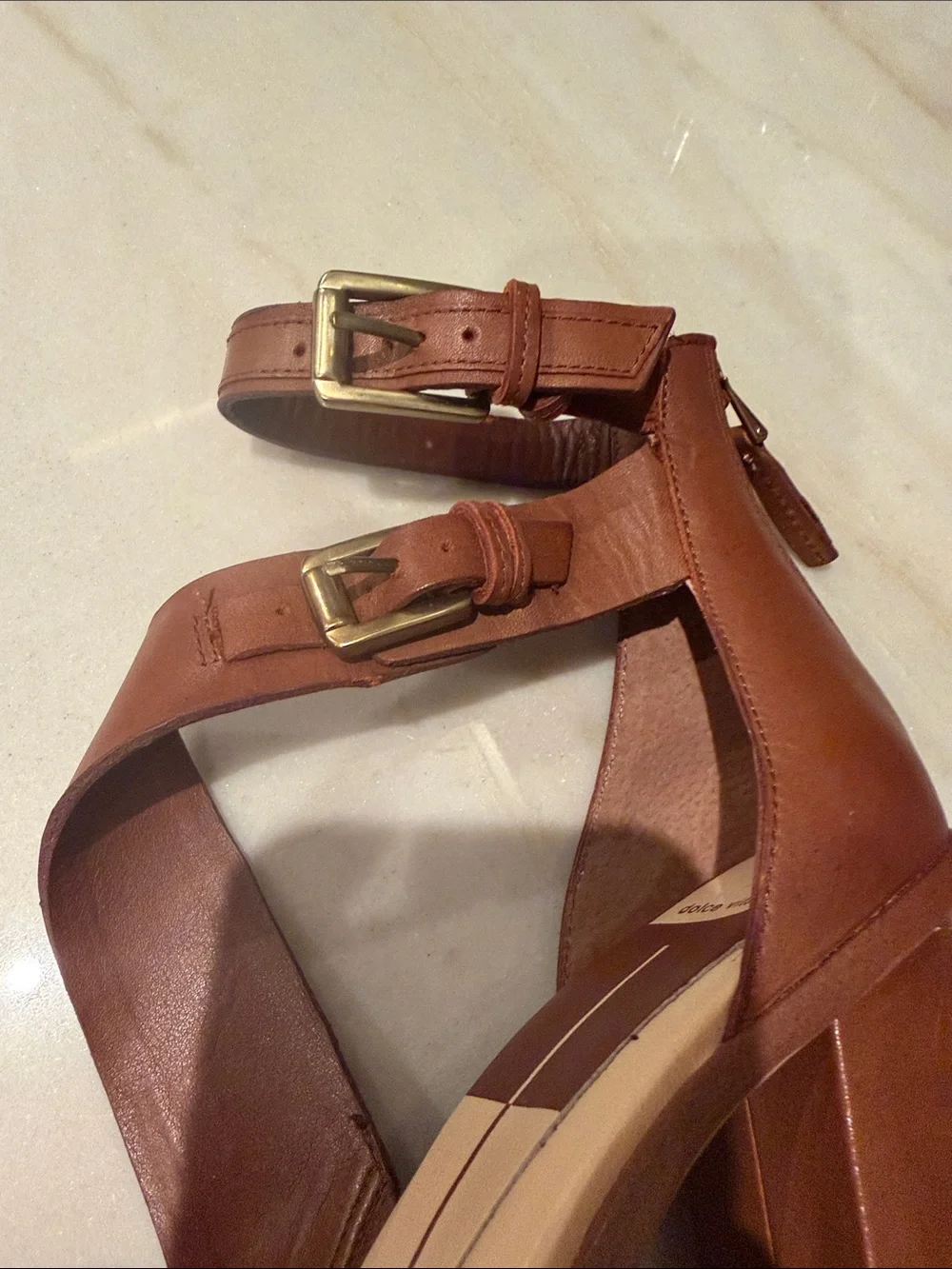 Dolce Vita Cognac Brown Leather Block Heel Sandals